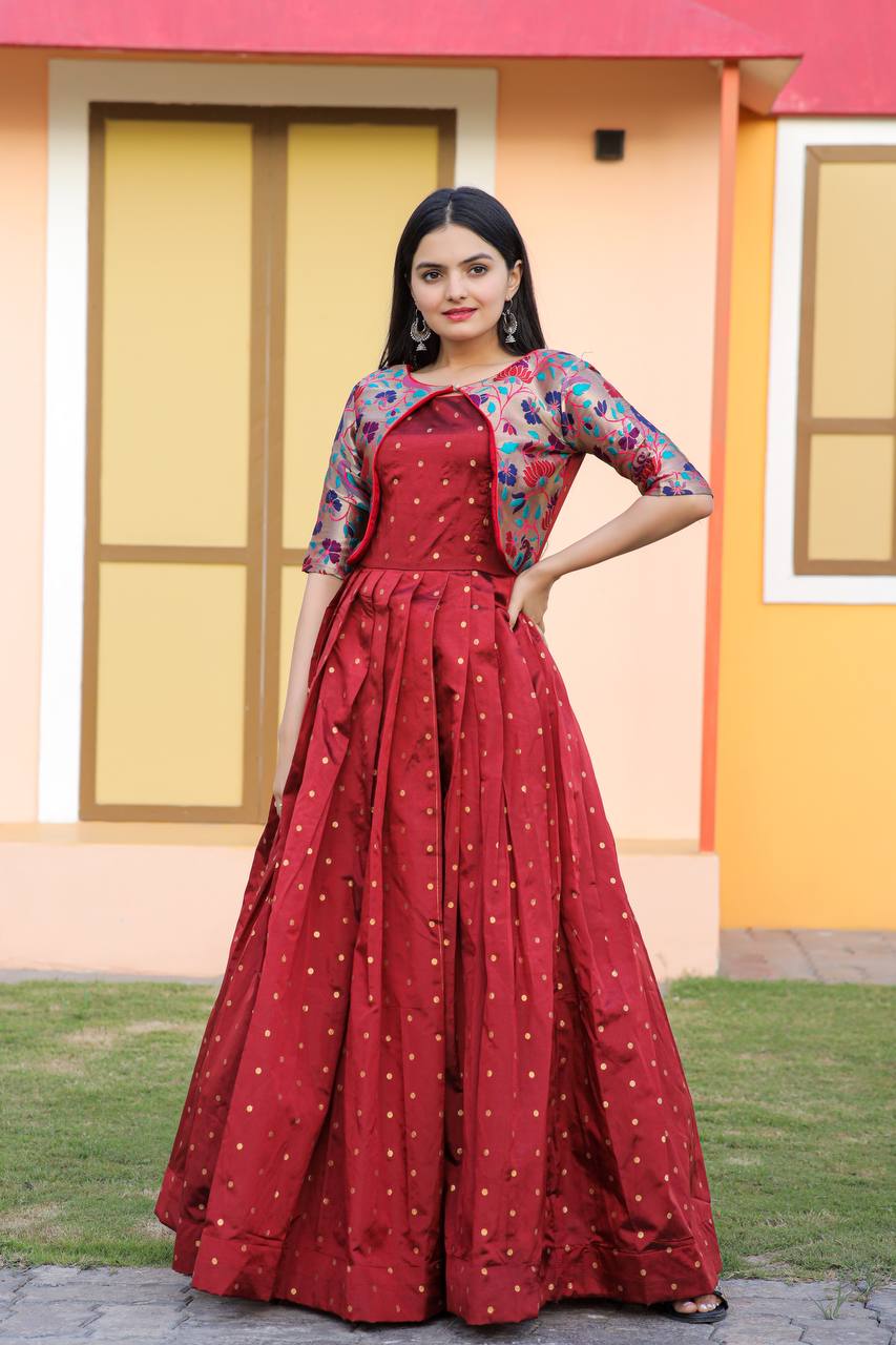 Fashionable Koti Pattern Maroon Color Gown