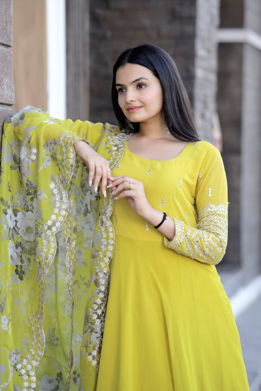 Outstanding Multi Embroidered Work Yellow Color Gown