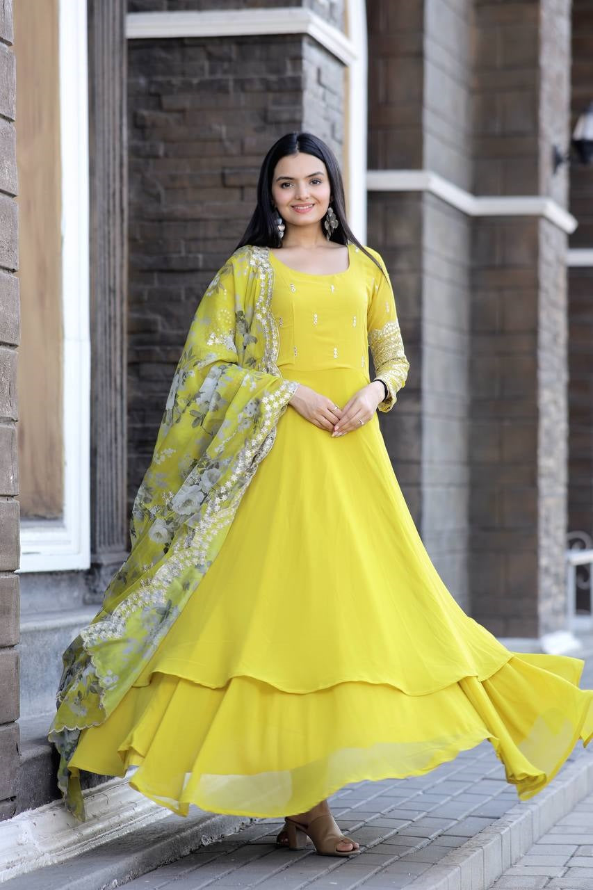 Outstanding Multi Embroidered Work Yellow Color Gown