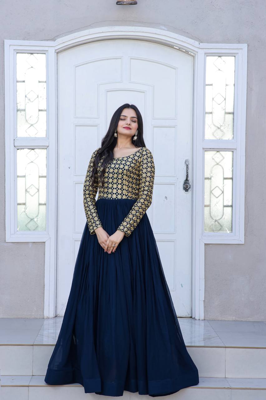 Navy Blue Color Embroidered Sequence Work Superhit Gown
