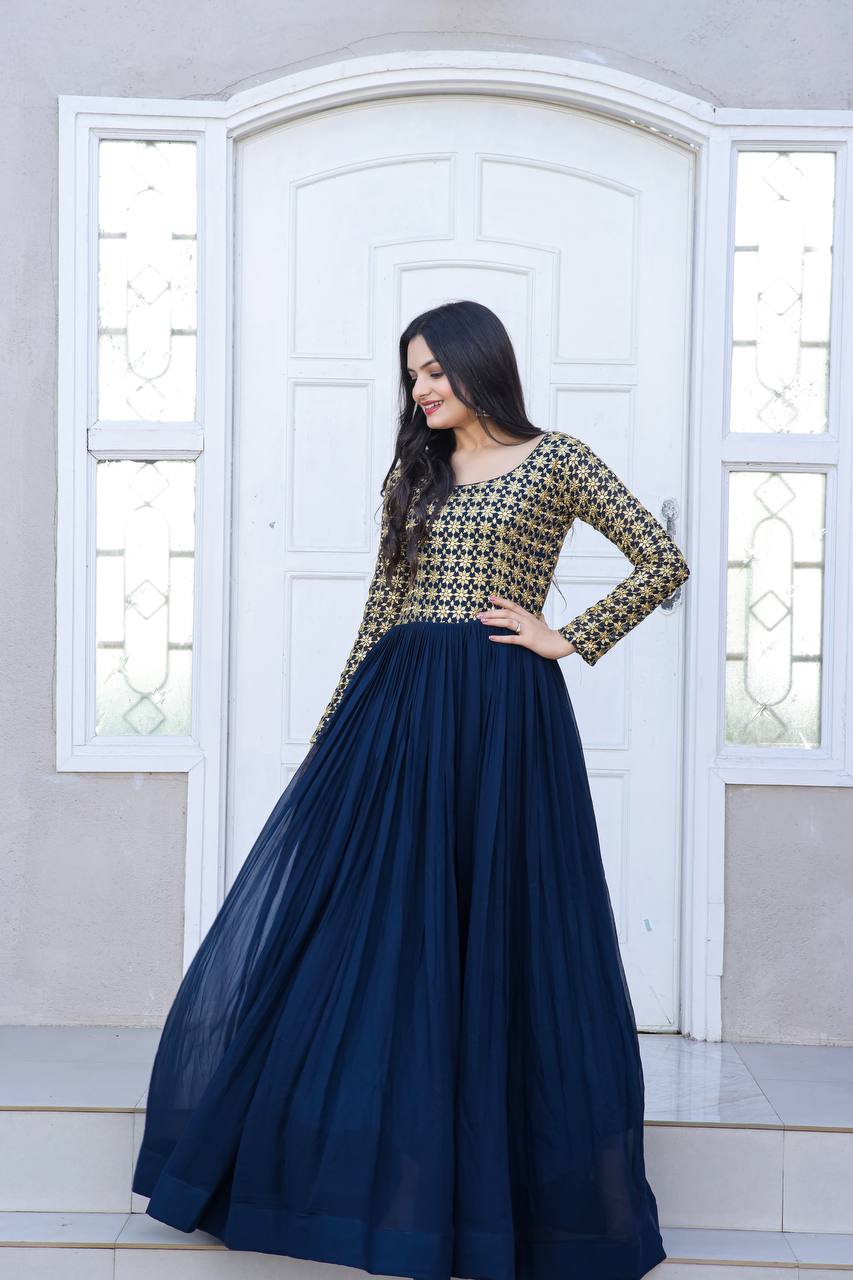Navy Blue Color Embroidered Sequence Work Superhit Gown