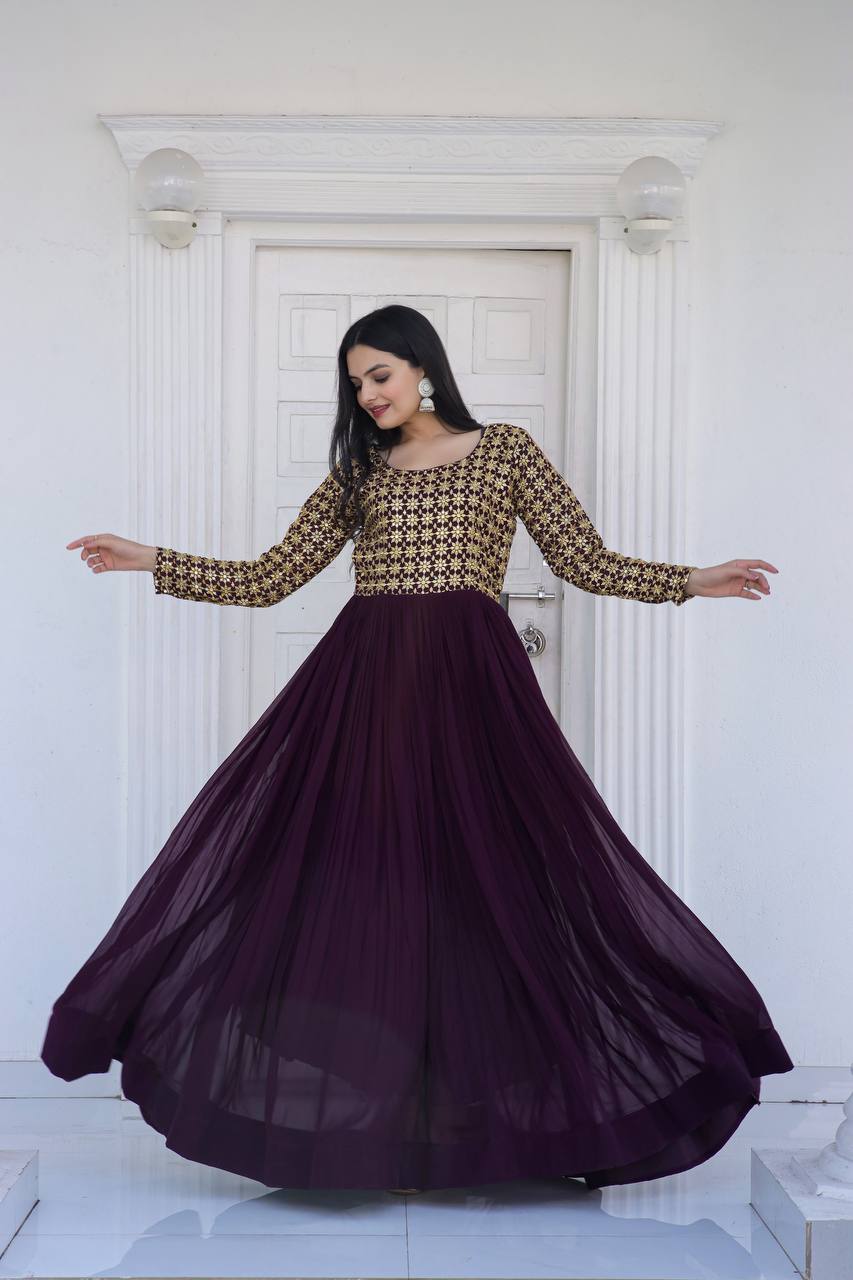 Wine Color Embroidered Sequence Work Superhit Gown