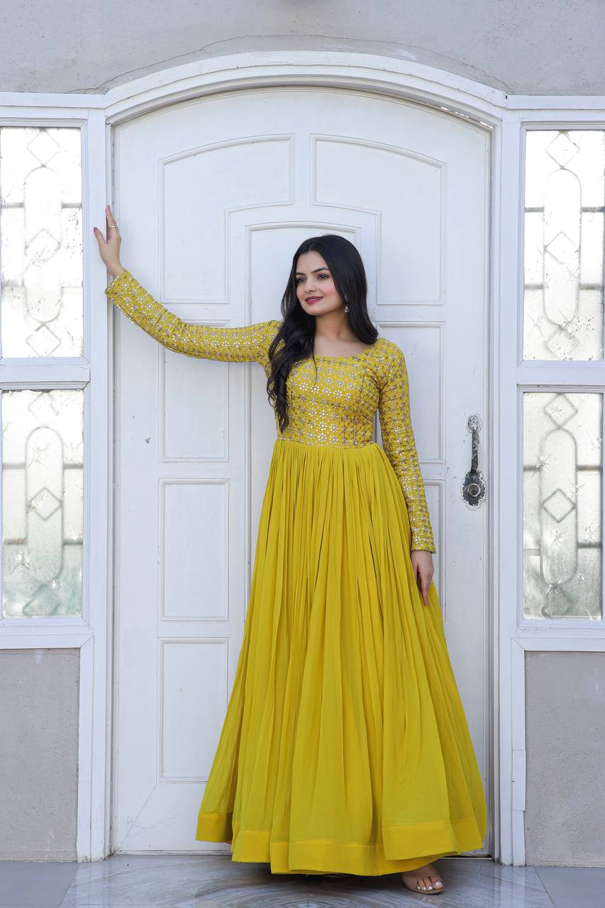 Yellow Color Embroidered Sequence Work Superhit Gown