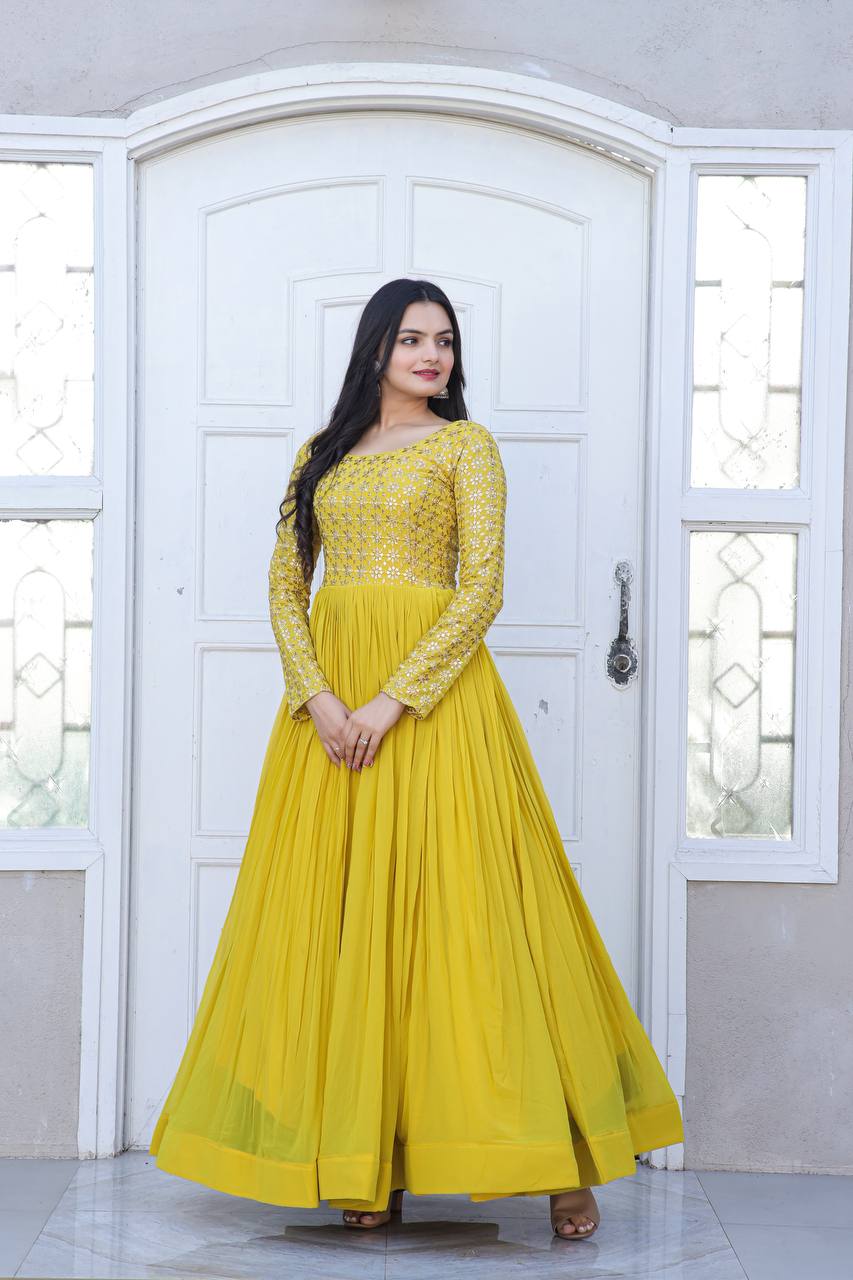 Yellow Color Embroidered Sequence Work Superhit Gown