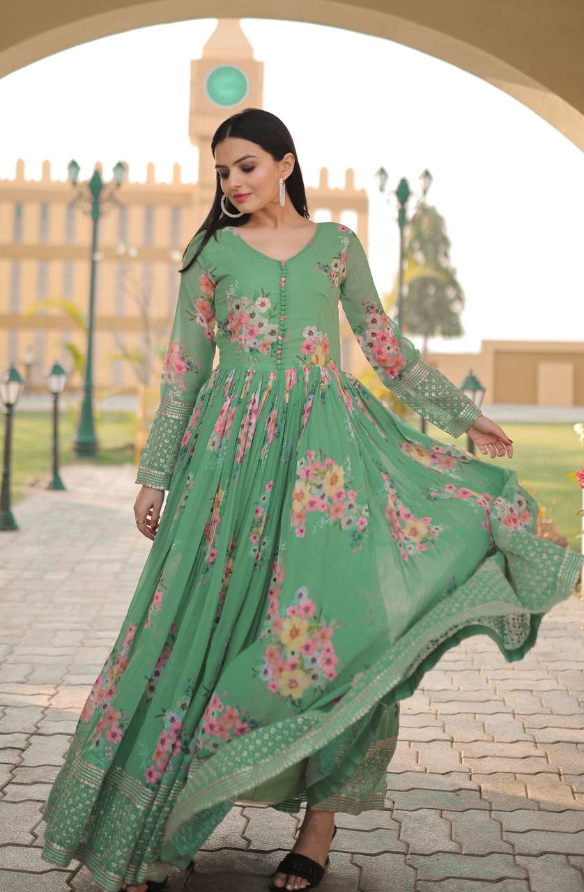 Marvelous Pista Green Color Digital Print Gown