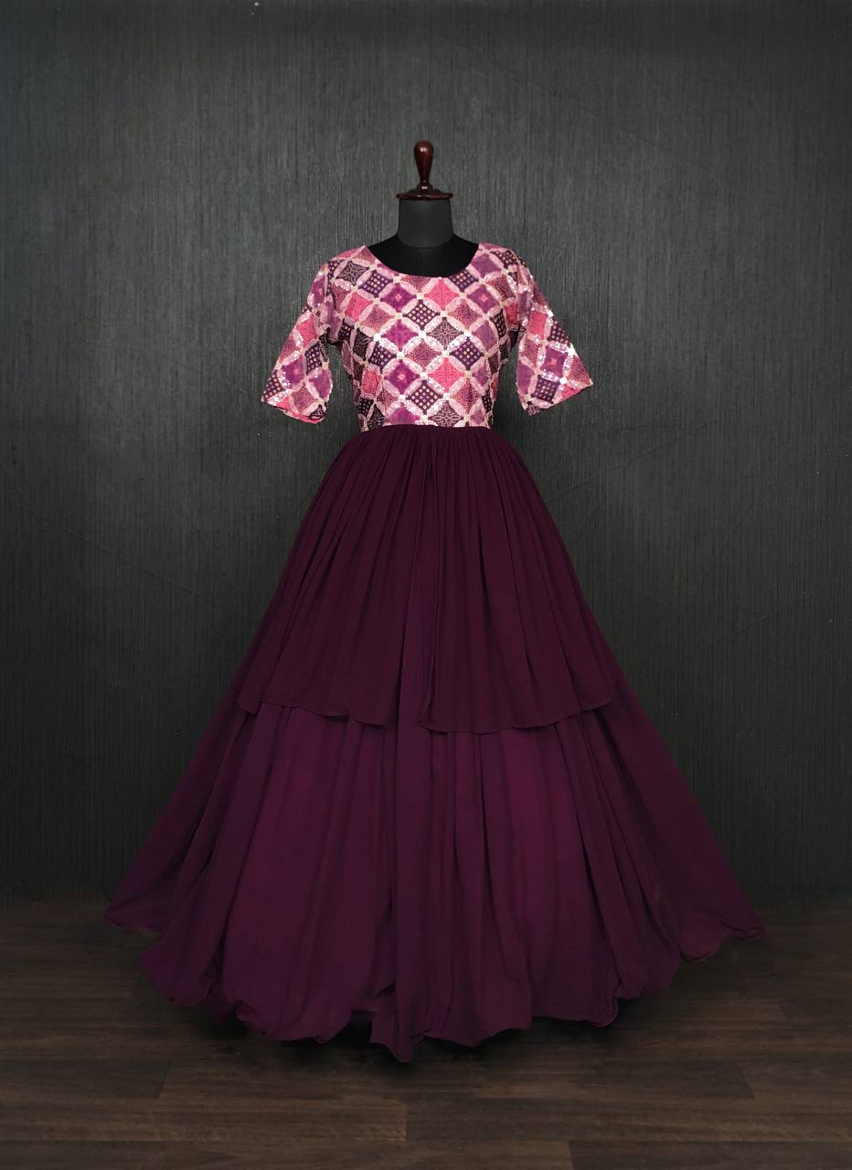 Fancy Double Layer Wine Color Gown