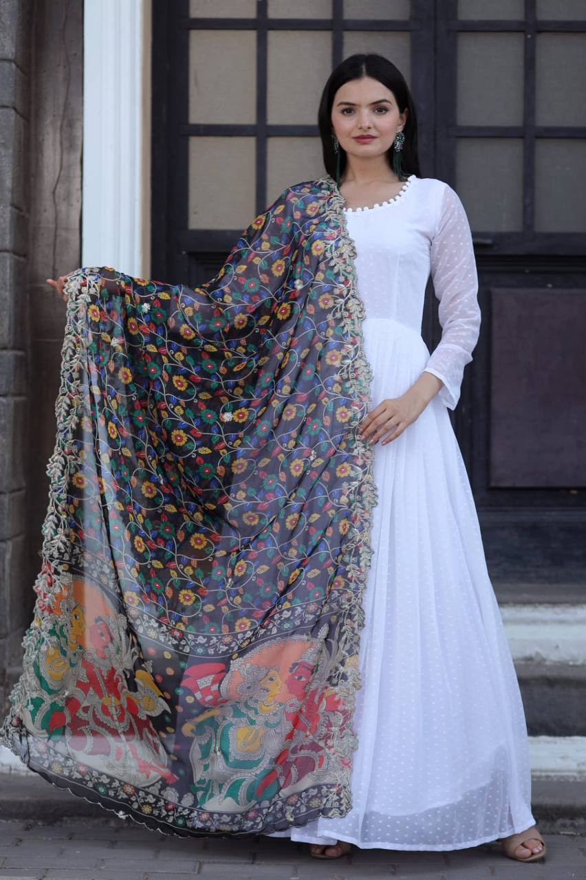 Kalamkari Print Organza Black Color Dupatta With White Gown