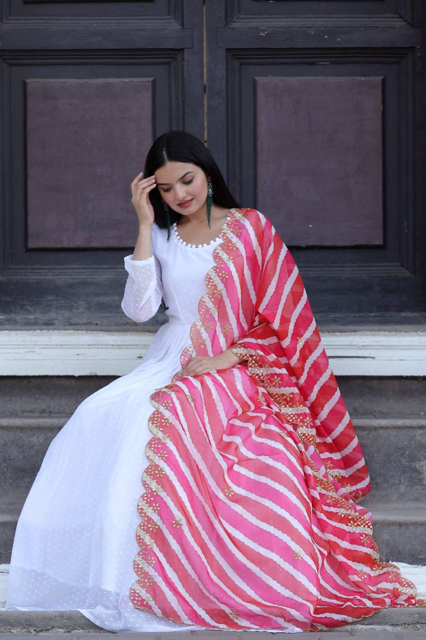 Leheriya Print Organza Pink Color Dupatta With White Gown