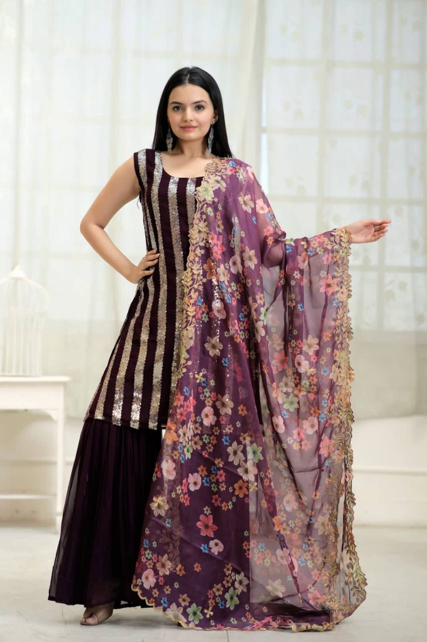 Function Wear Wine Color Sequence Work Sharara Suit