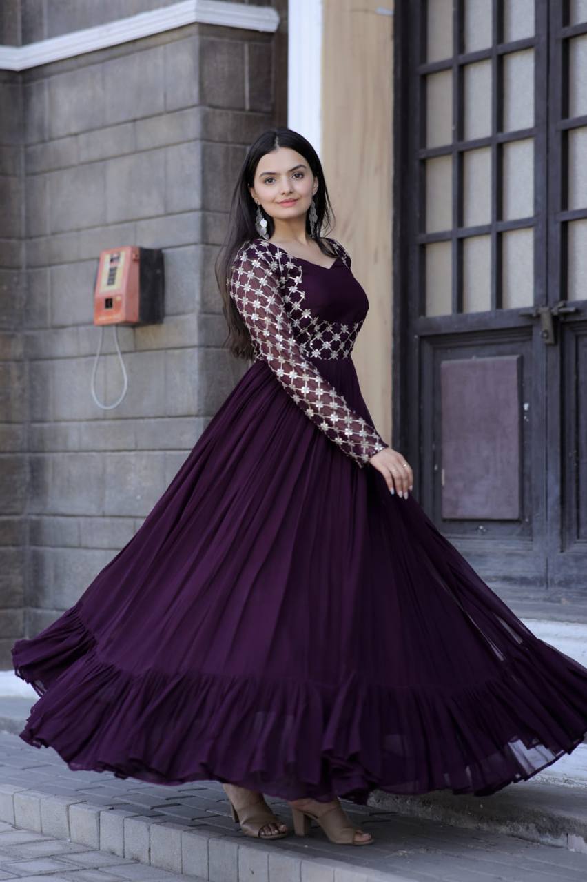 Elegant Wine Color Full Sleeve Embroidered Work Gown