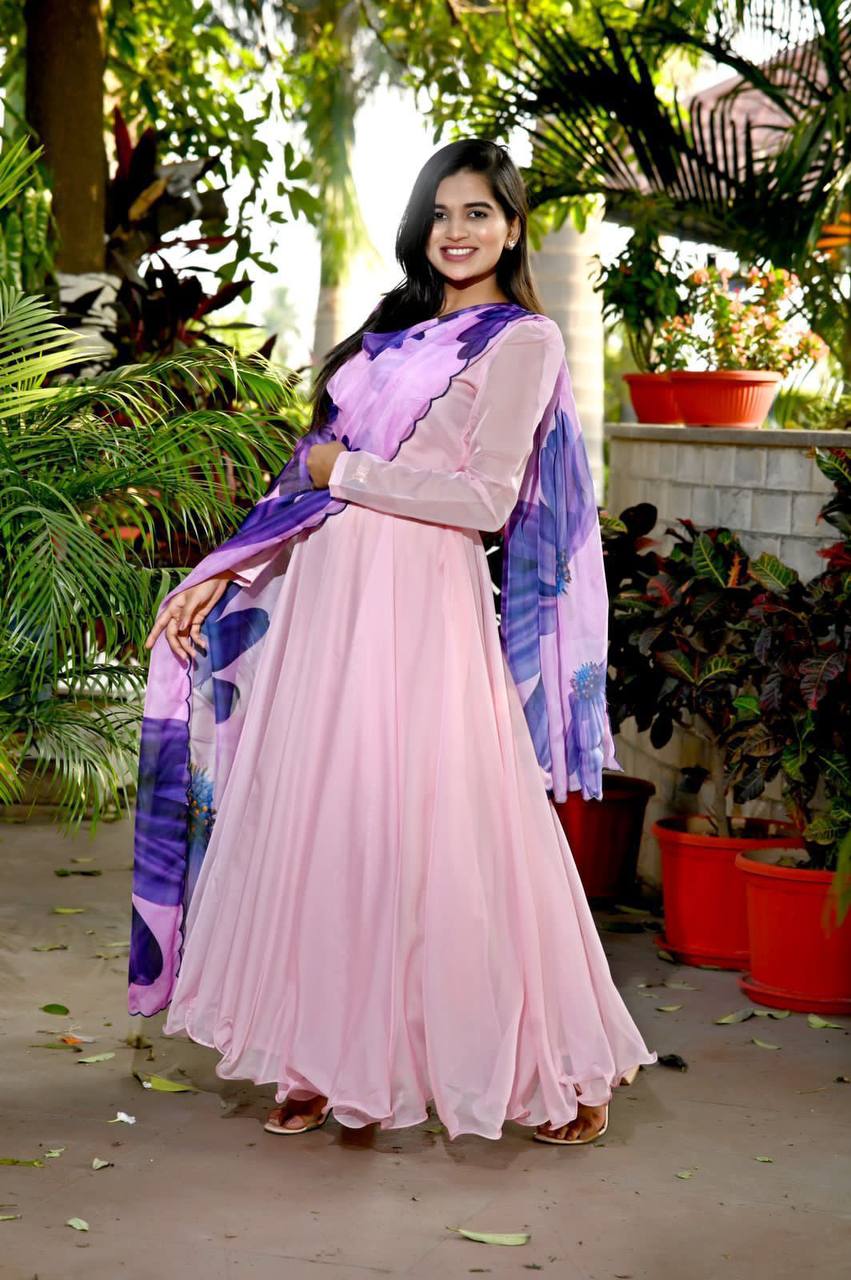 Peach Color Plain Gown With Print Dupatta