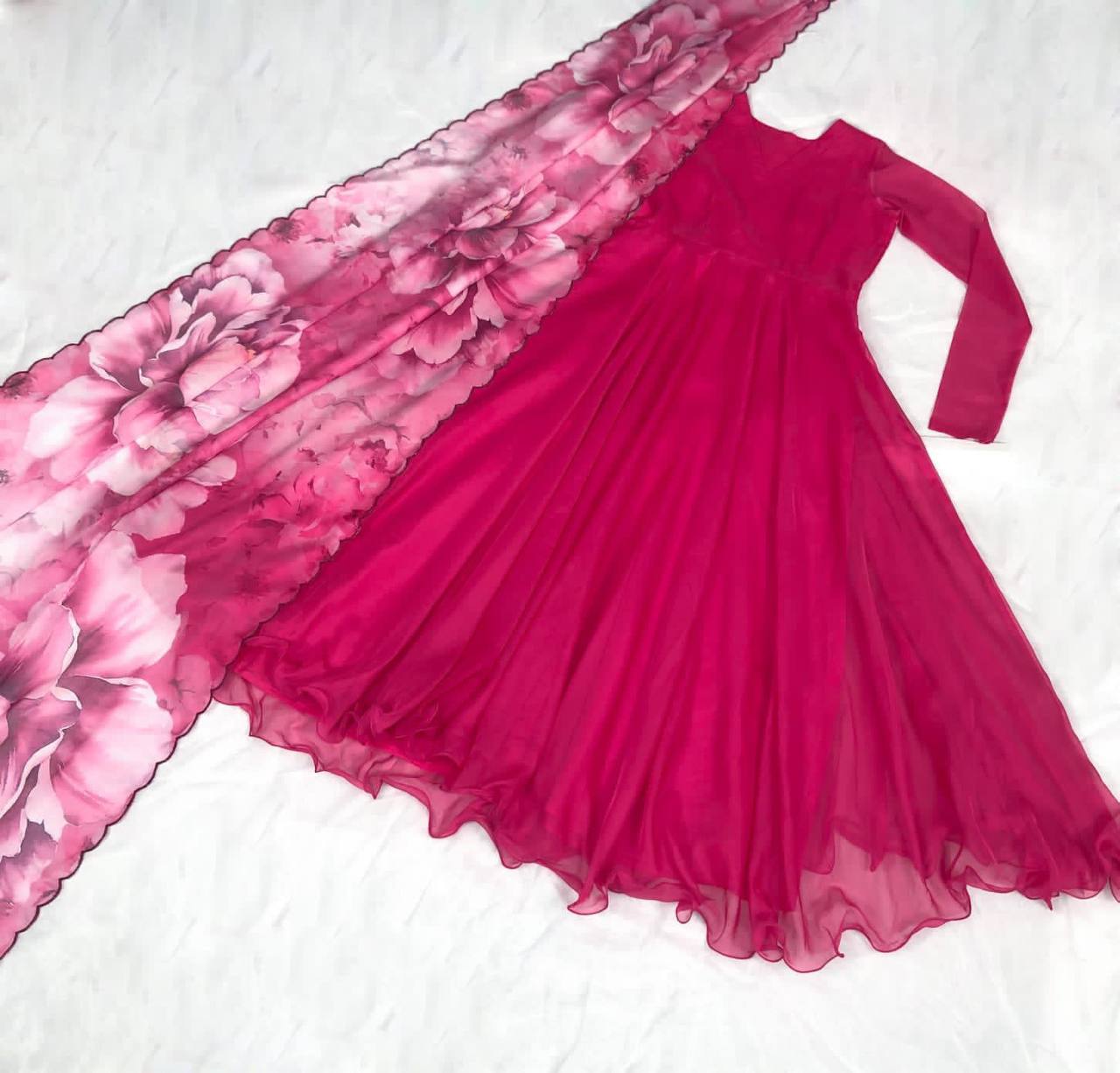 Pink Color Plain Gown With Print Dupatta
