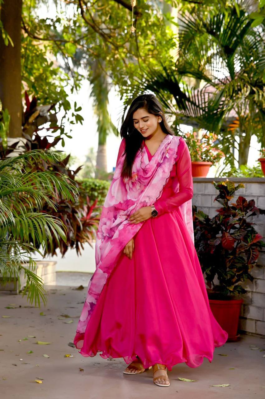 Pink Color Plain Gown With Print Dupatta