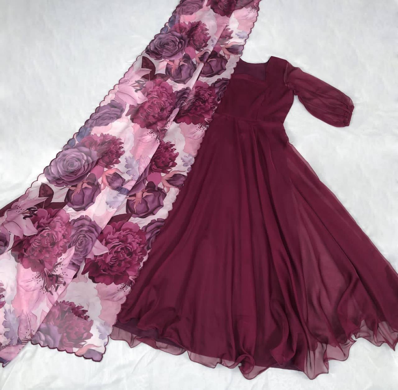 Wine Color Plain Gown With Print Dupatta