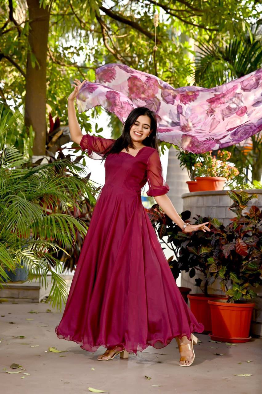 Wine Color Plain Gown With Print Dupatta