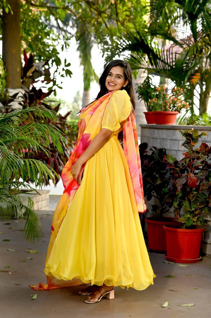 Yellow Color Plain Gown With Print Dupatta