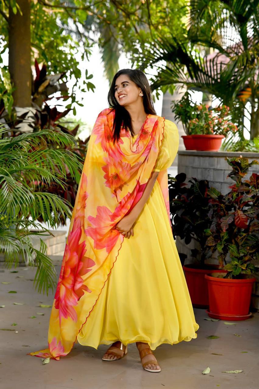 Yellow Color Plain Gown With Print Dupatta