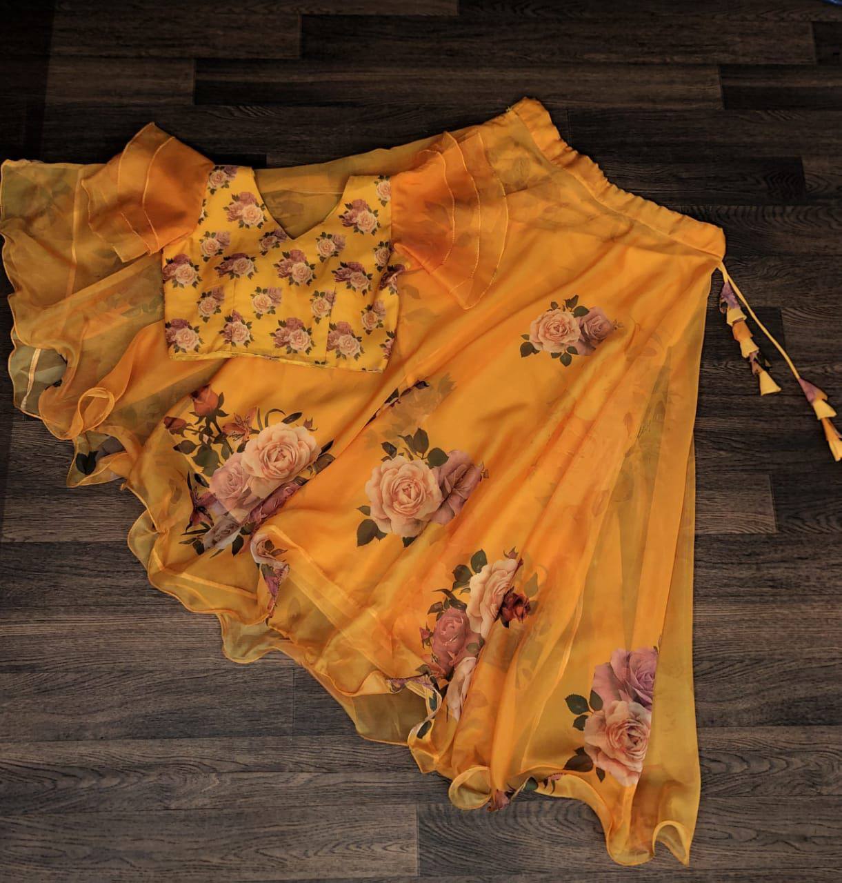 Pretty Yellow Color Flower Print Organza Top With Lehenga