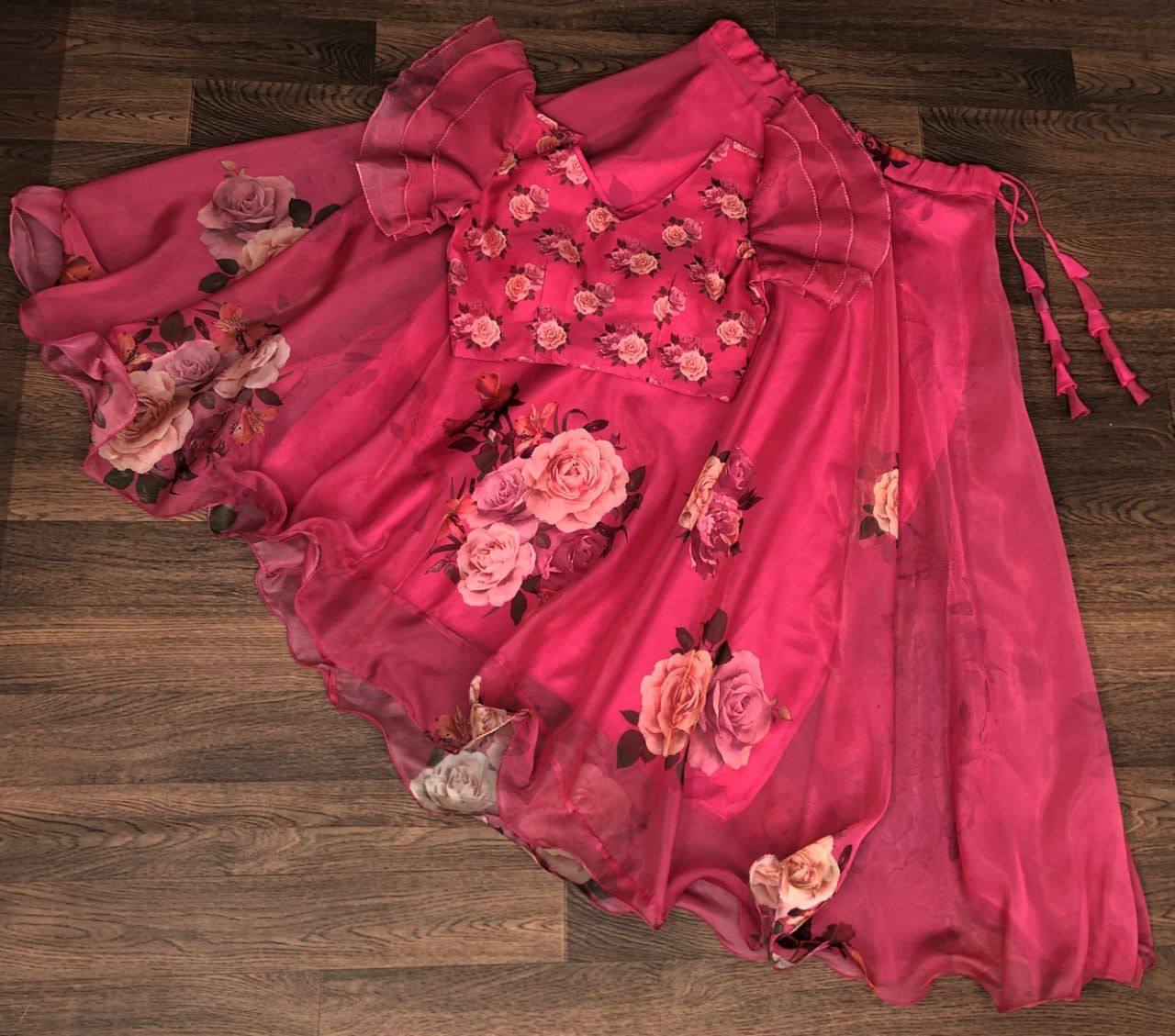 Stylish Pink Color Flower Print Organza Top With Lehenga