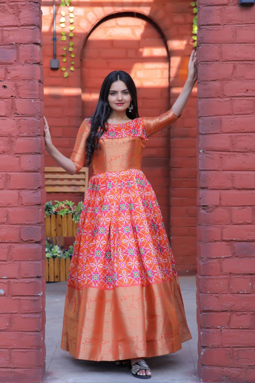 Patola Print Jacquard Silk Orange Color Gown