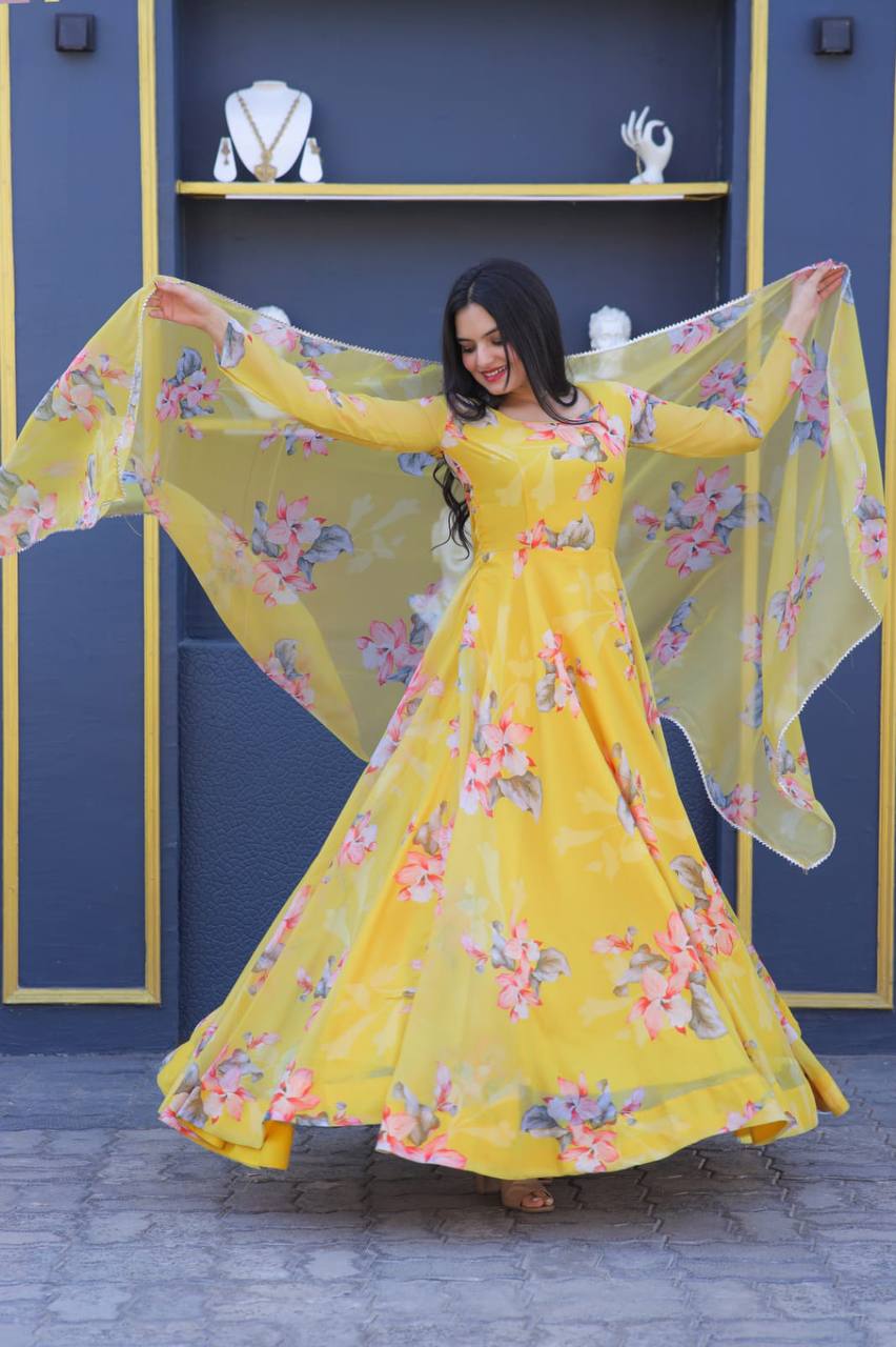 Flower Print Yellow Color Beautiful Gown