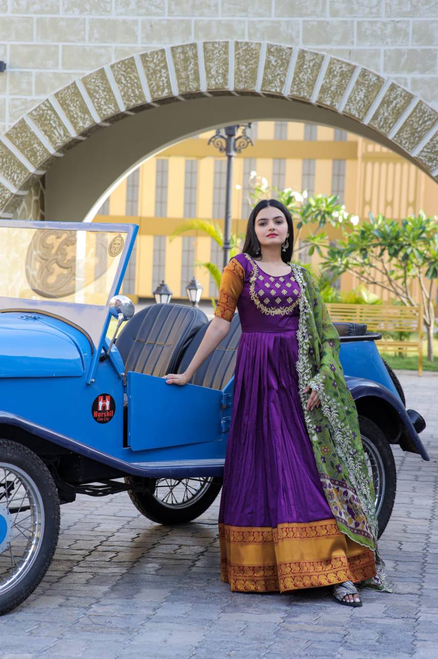 Purple Color Jacquard Embroidered Gown With Dupatta