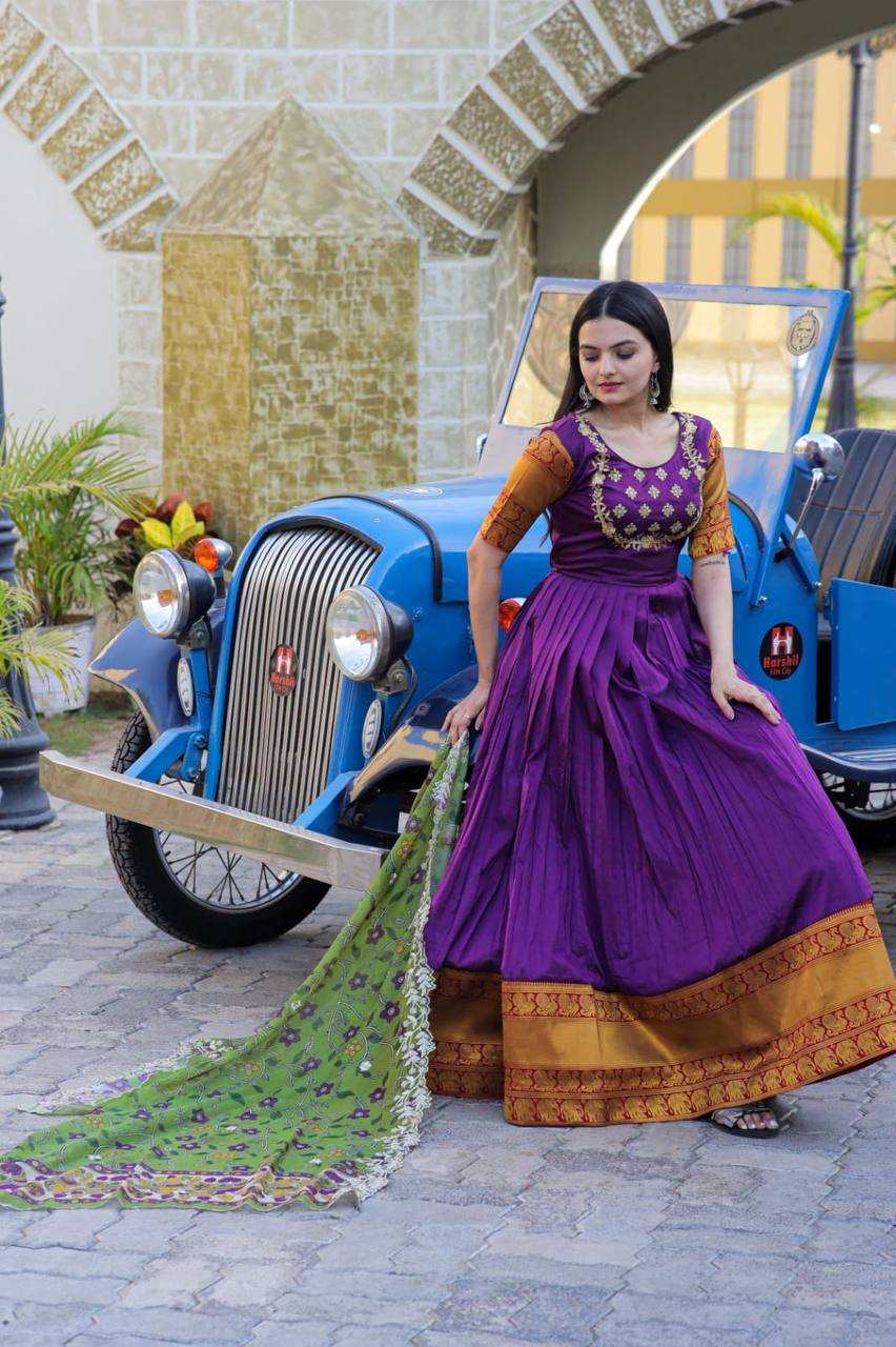 Purple Color Jacquard Embroidered Gown With Dupatta