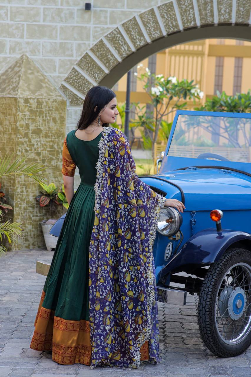 Green Color Jacquard Embroidered Gown With Dupatta