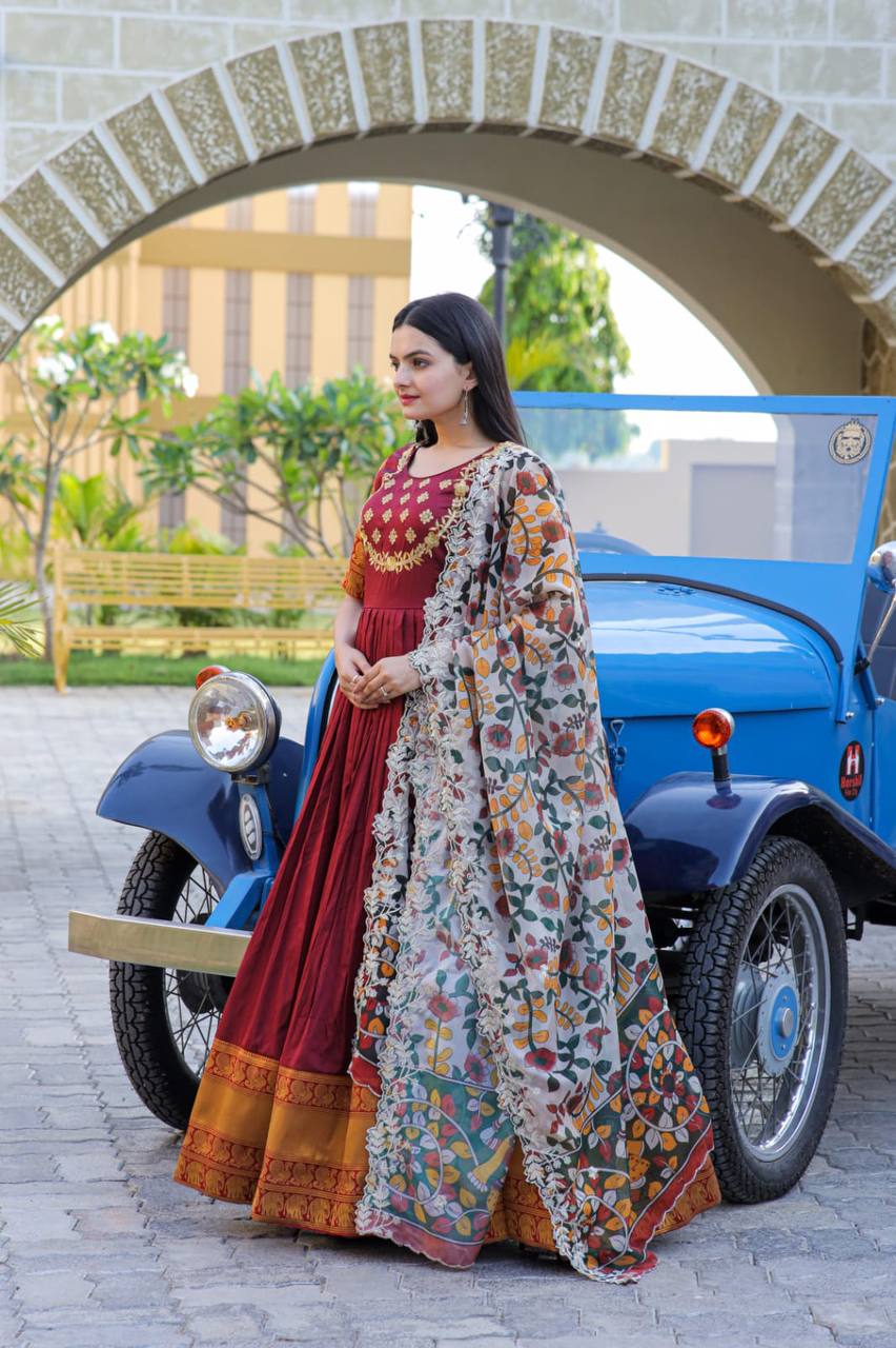 Maroon Color Jacquard Embroidered Gown With Dupatta