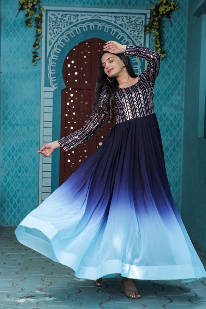 Embellished Sequence Work Blue Color Long Gown