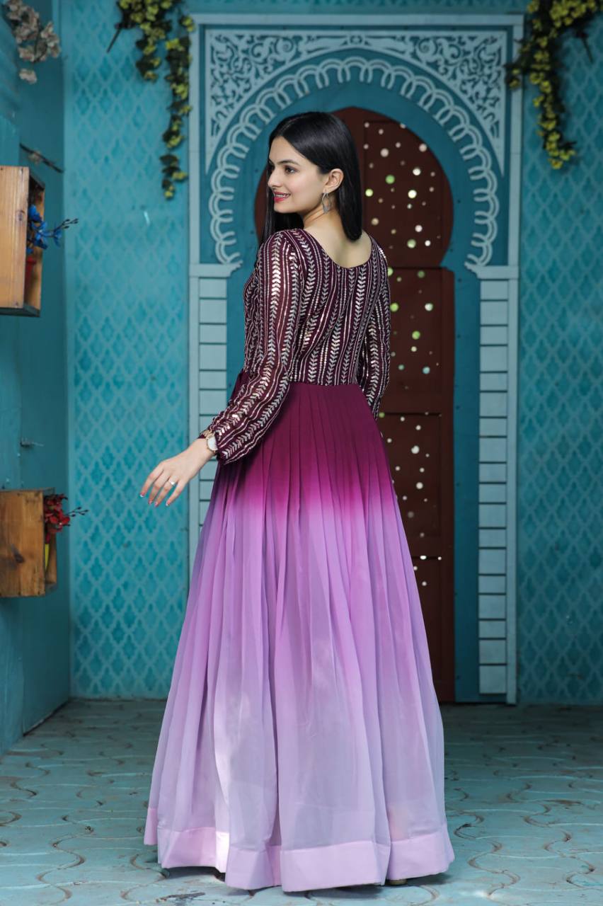 Embellished Sequence Work Wine Color Long Gown