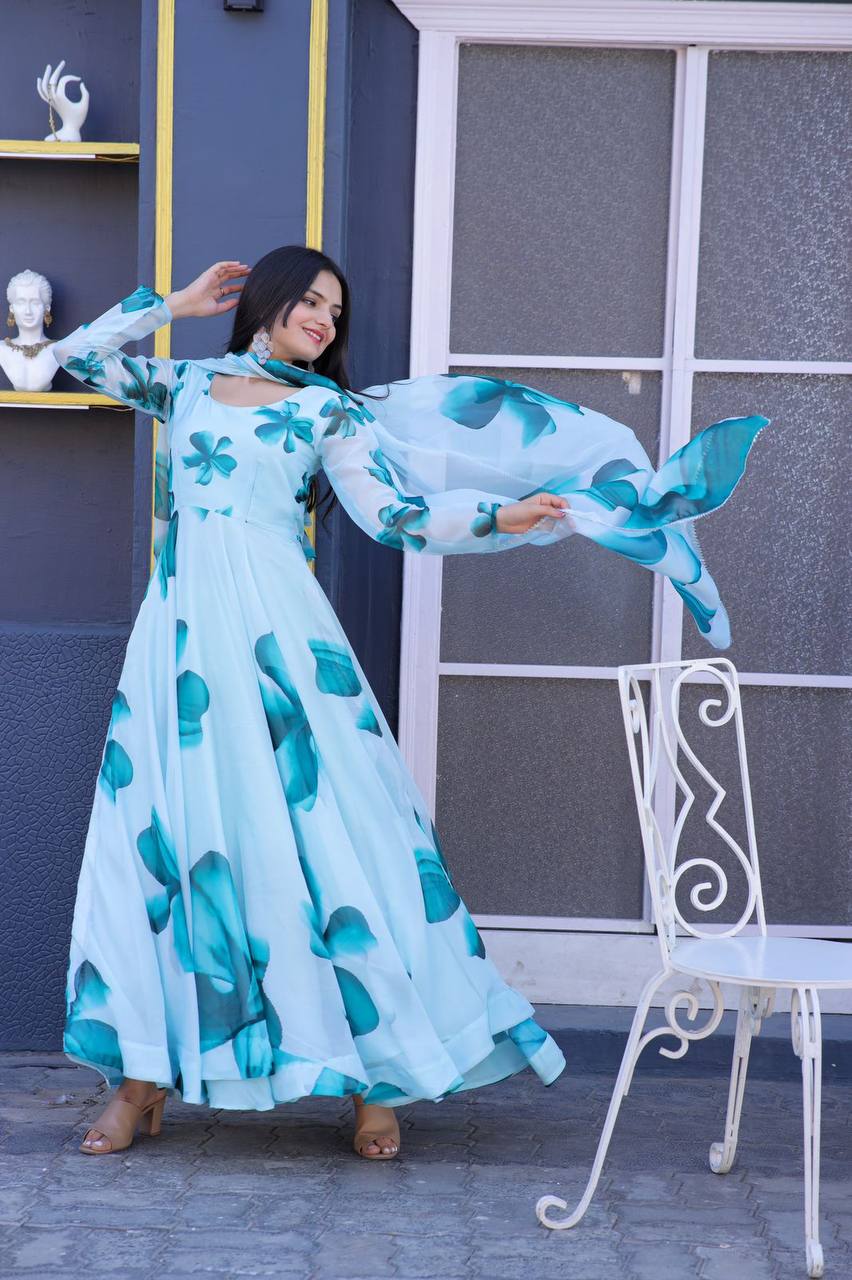 Good Looking Sky Blue Color Printed Gown