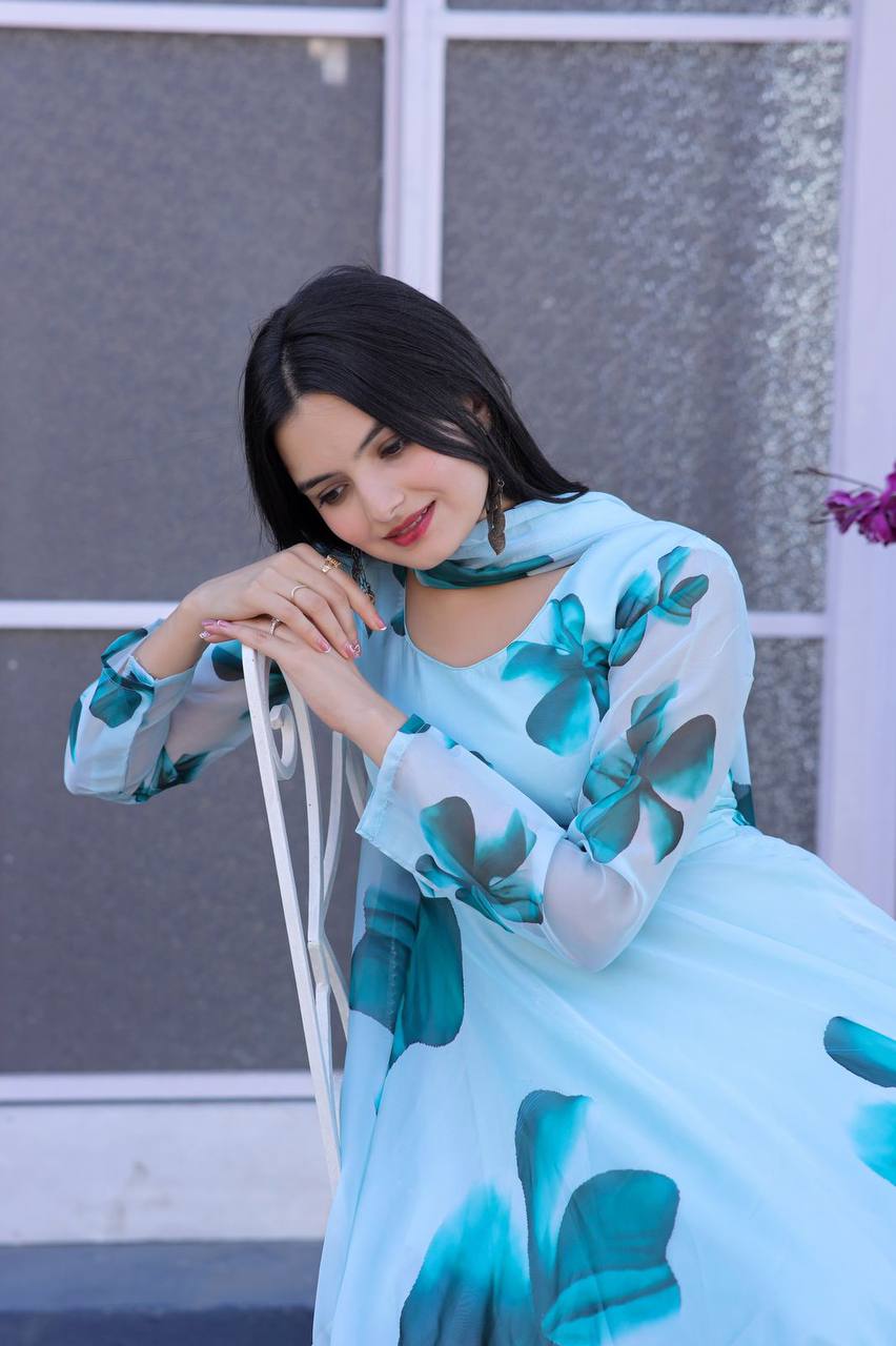 Good Looking Sky Blue Color Printed Gown