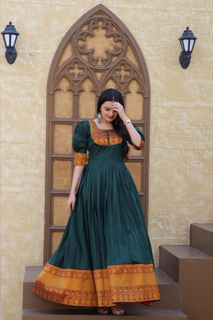 Jacquard Weaving Work Green Color Gown