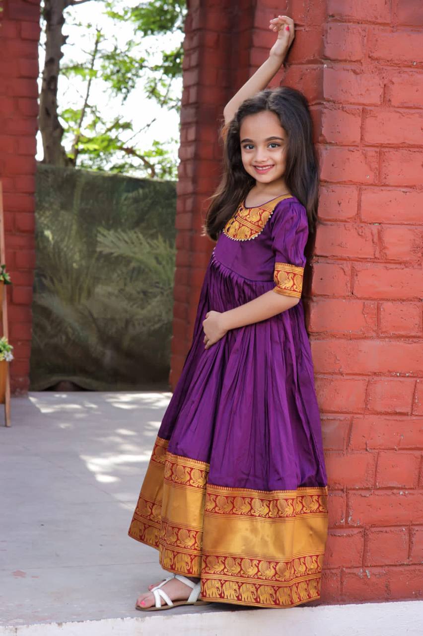 Trendy Purple Color Jacquard Work Girls Gown