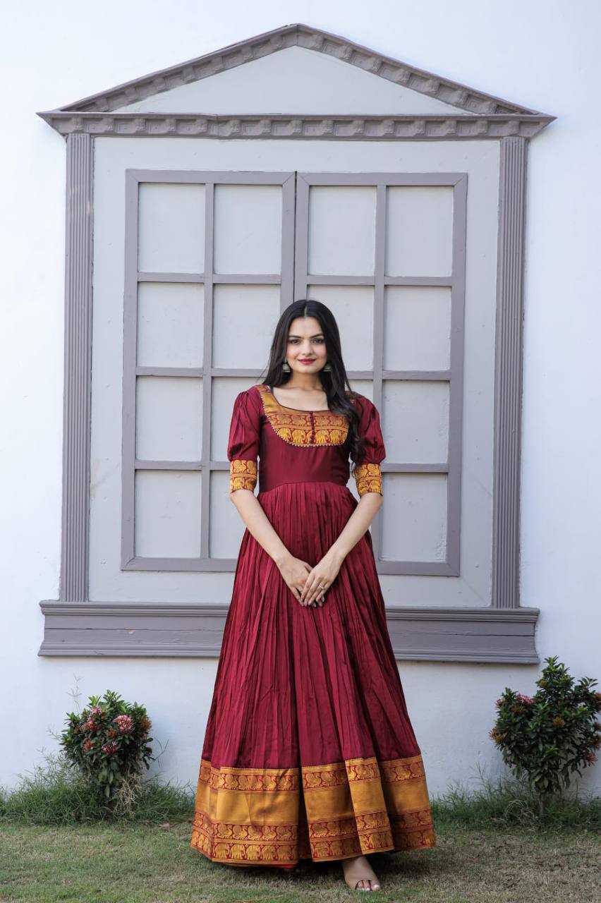 Jacquard Weaving Work Maroon Color Gown