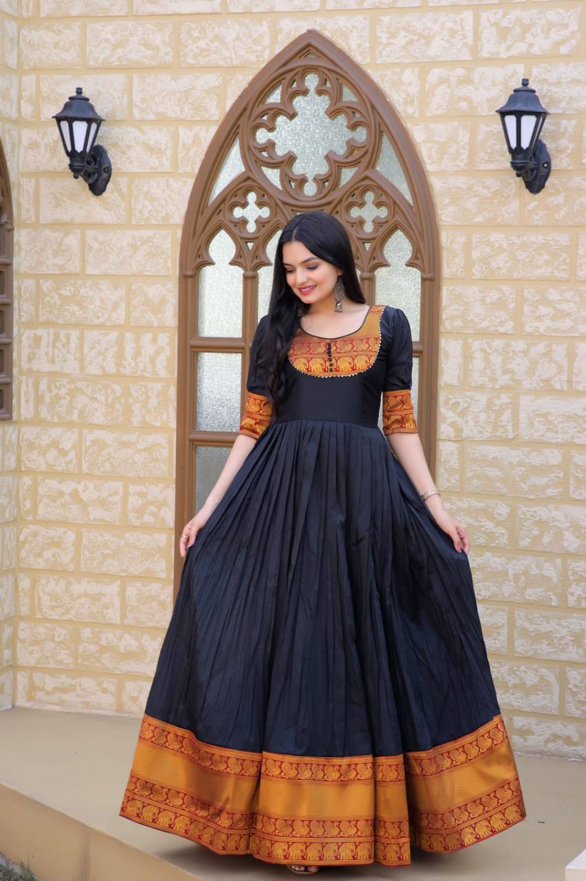 Jacquard Weaving Work Black Color Gown