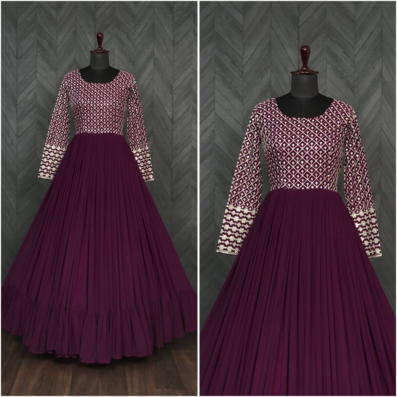 Frill Stitch Wine Color Embroidered Work Gown