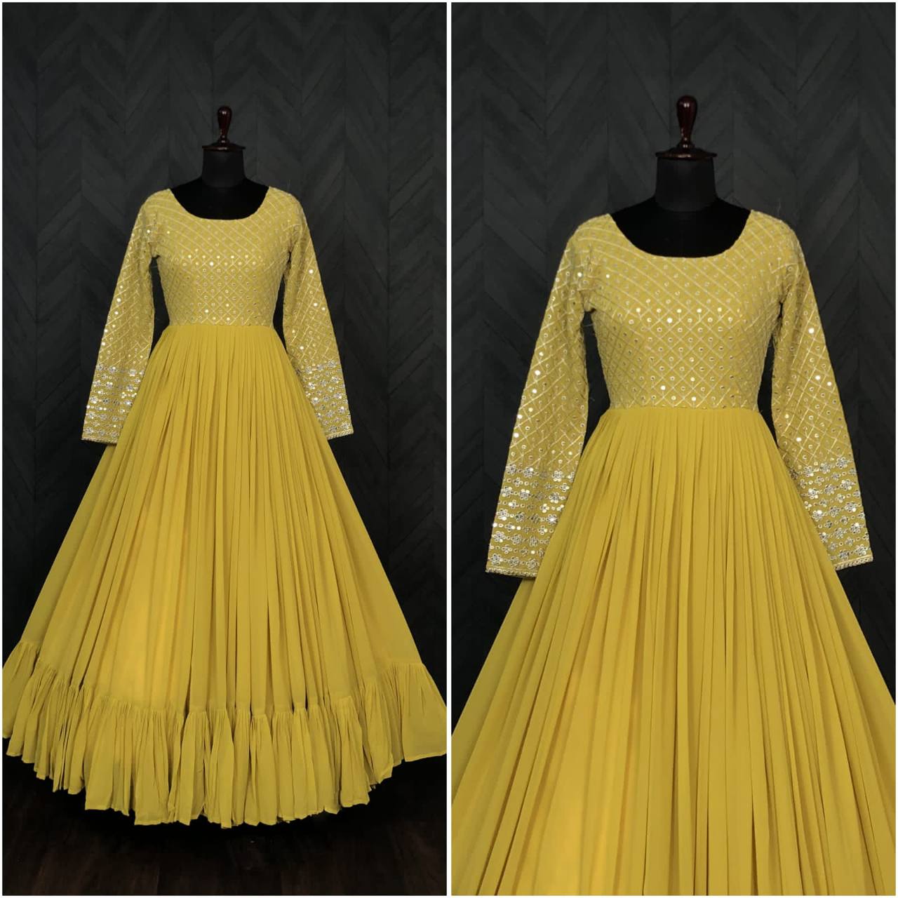 Ruffle Style Yellow Color Embroidered Work Gown