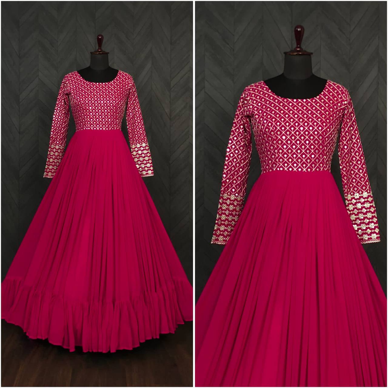 Ruffle Flair Pink Color Embroidered Work Gown