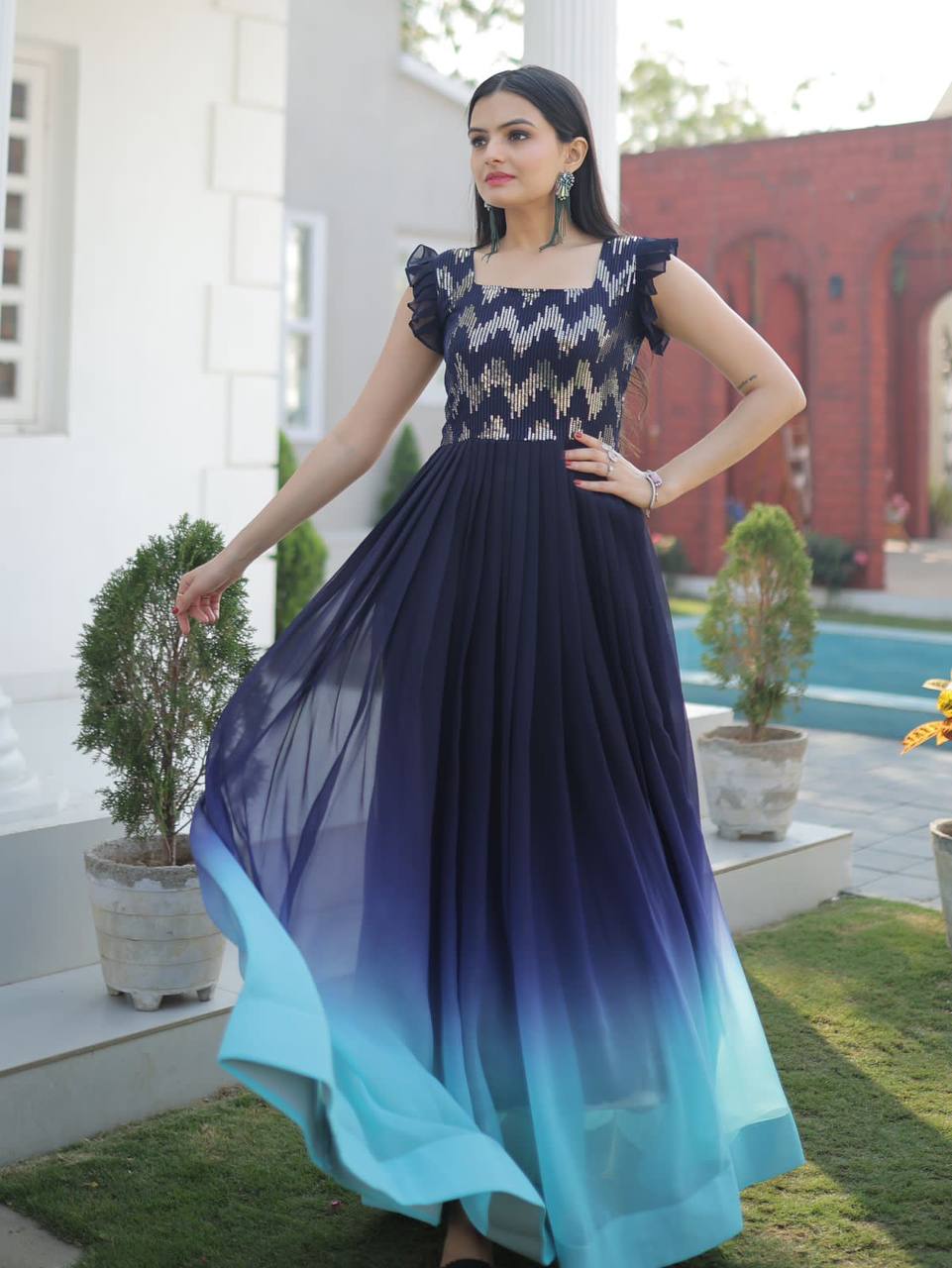 Blue Color Shaded Sequence Embroidered Work Gown