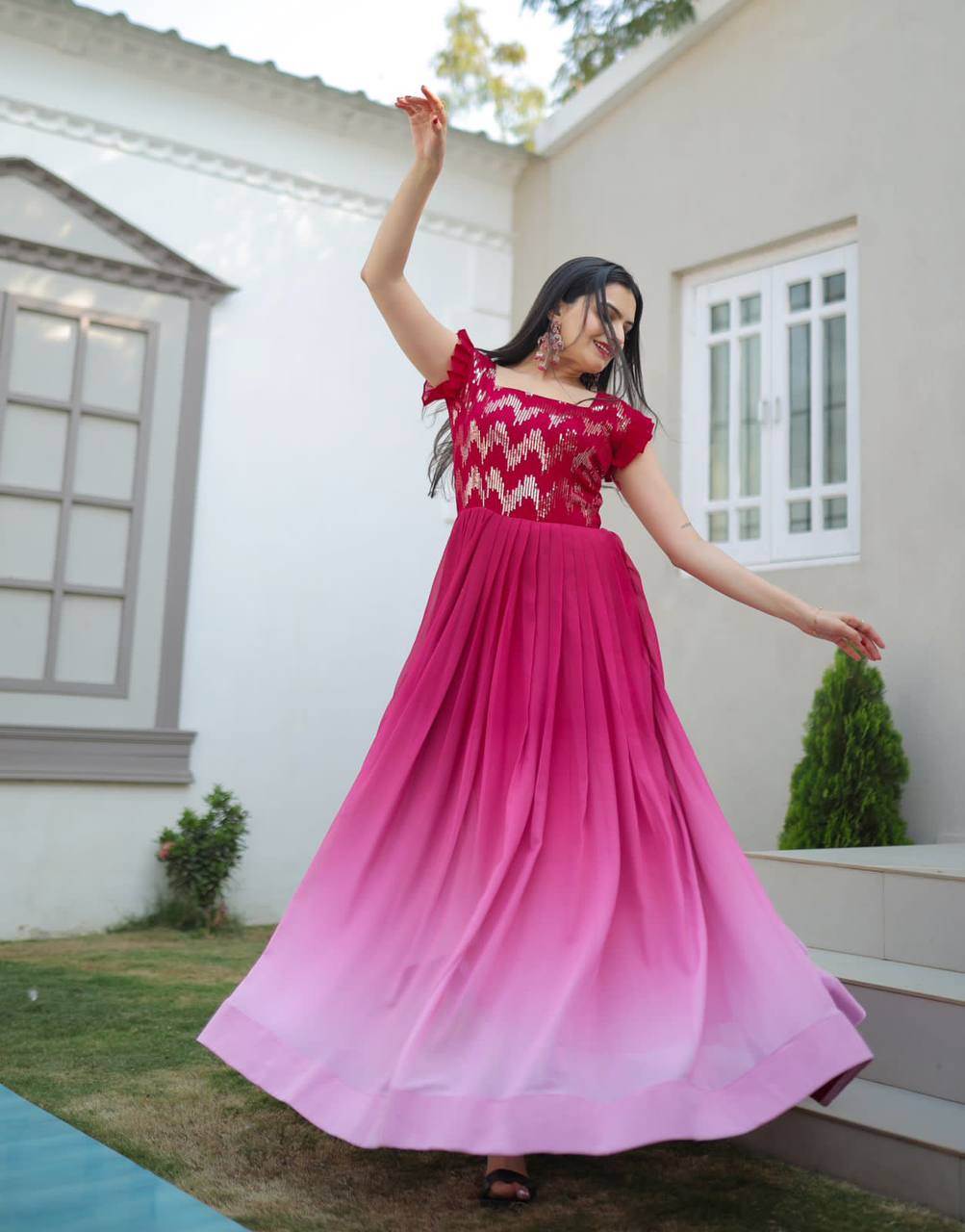 Pink Color Shaded Sequence Embroidered Work Gown