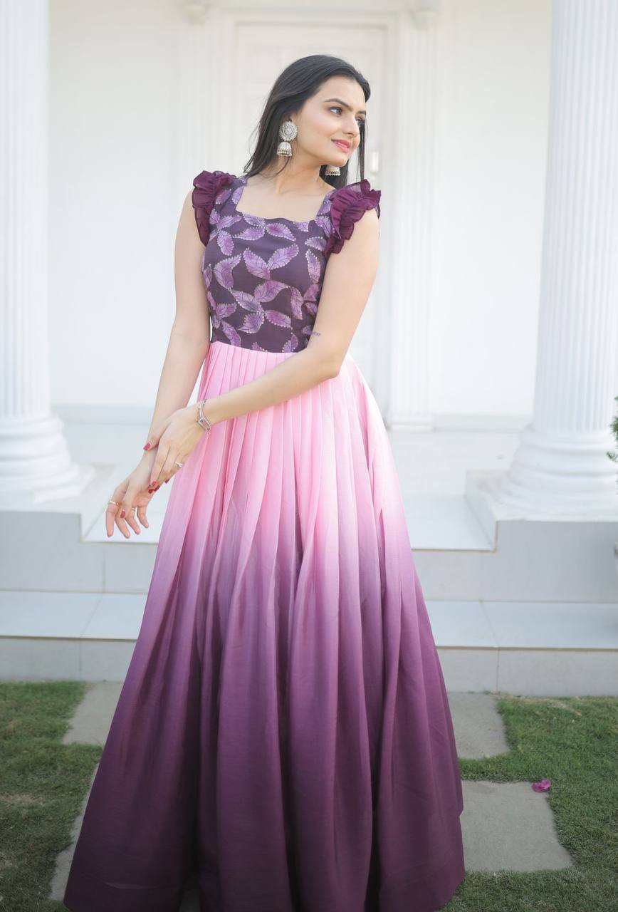 Sleeveless Wine Color Double Tone Sequence Work Gown