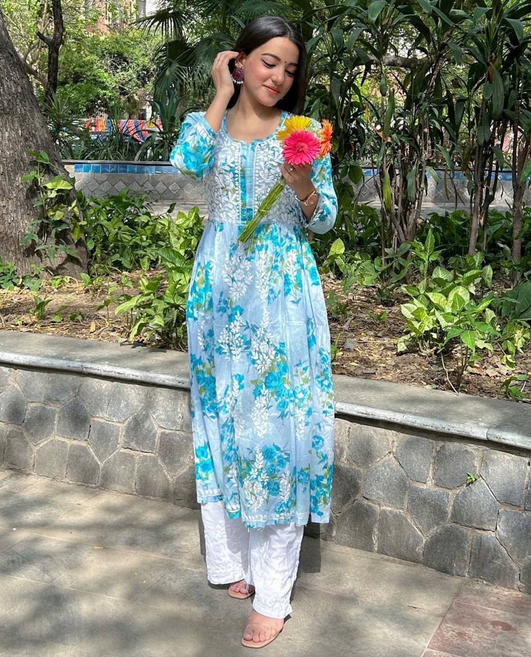 Stylish Sky Blue Color Work With Print Long Top With Palazzo