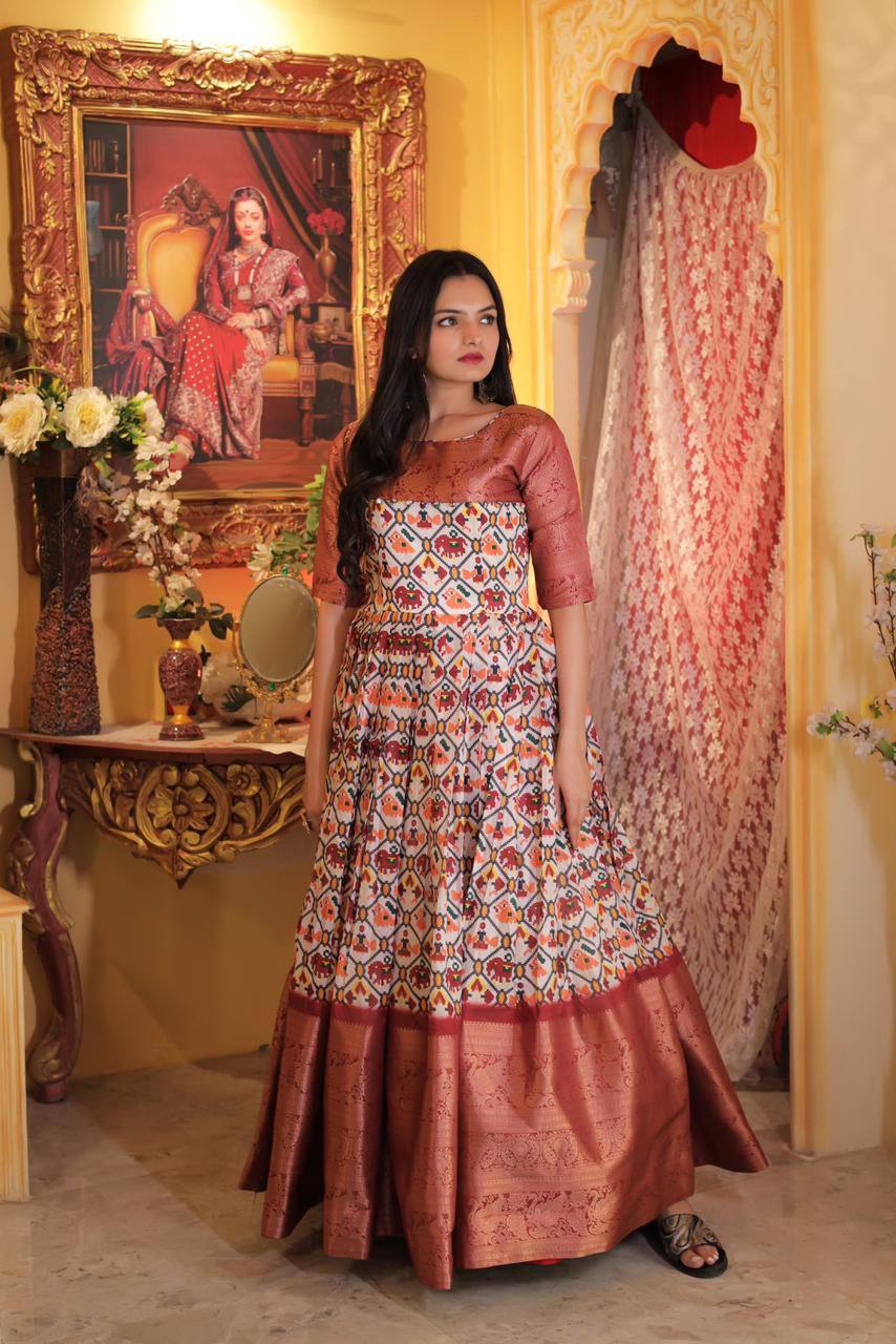 Patola Print Jacquard Weaving Work Maroon Color Gown
