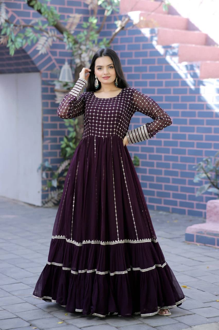 Demanding Wine Color Embroidered Work Gown