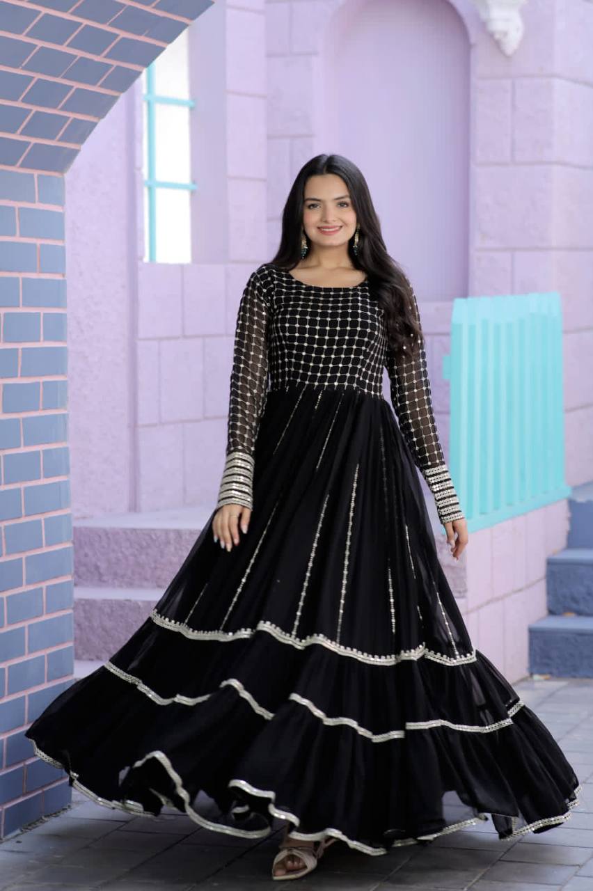 Demanding Black Color Embroidered Work Gown