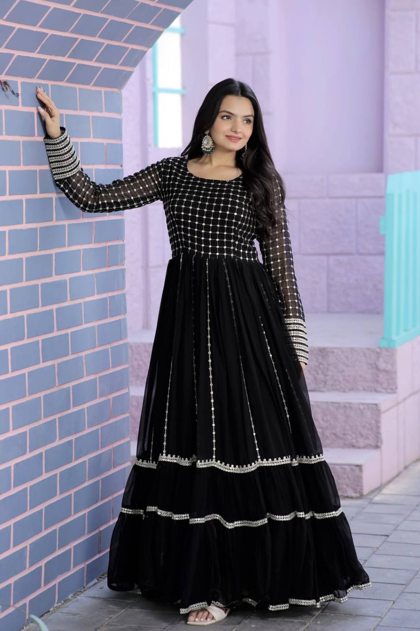Demanding Black Color Embroidered Work Gown