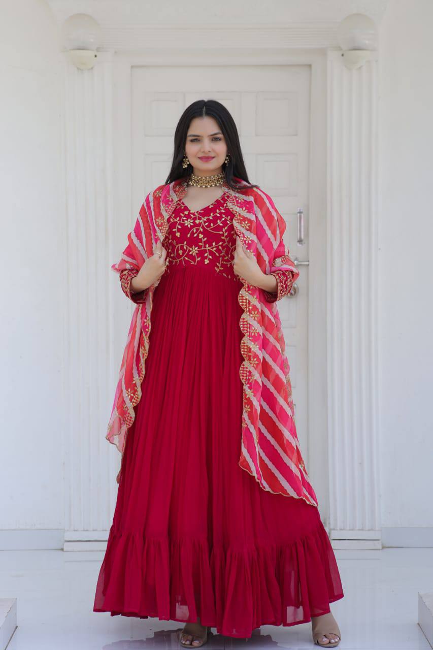 Embroidered Pink Gown With Leheriya Print Dupatta