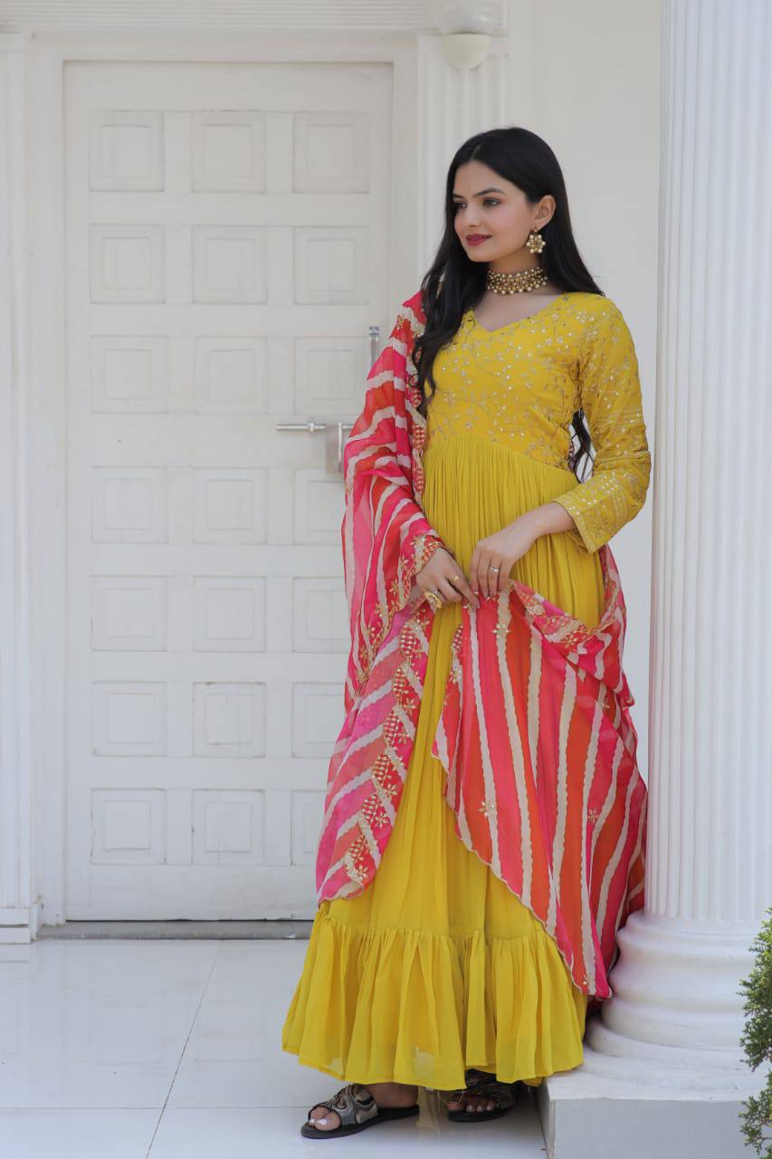 Embroidered Yellow Gown With Leheriya Print Dupatta